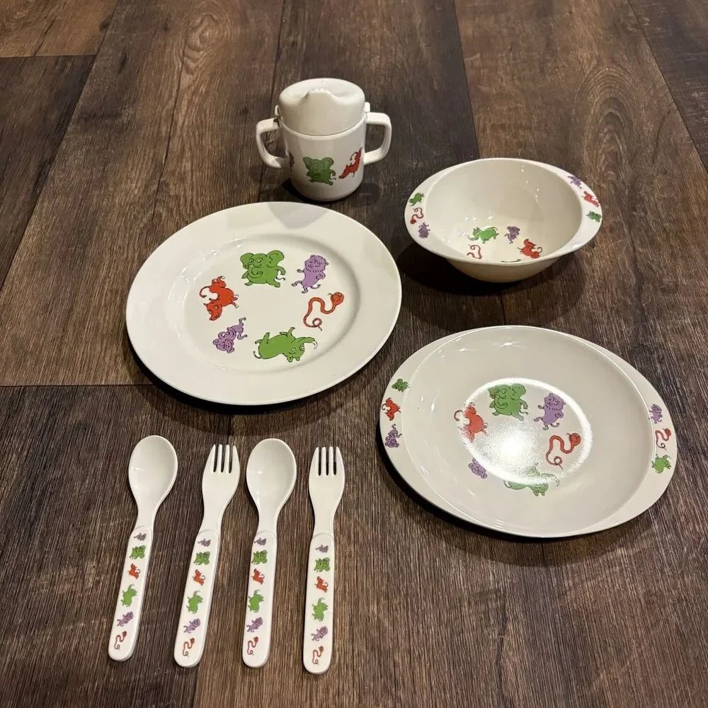 Vintage Jungle Friends Melamine Child Dinnerware Set Plate Bowl Cup Utensils
